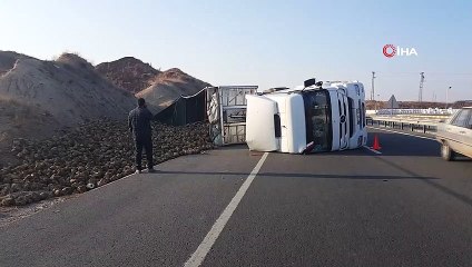 Tır devrildi, dorsedeki pancarlar su kanalına saçıldı: 1 yaralı
