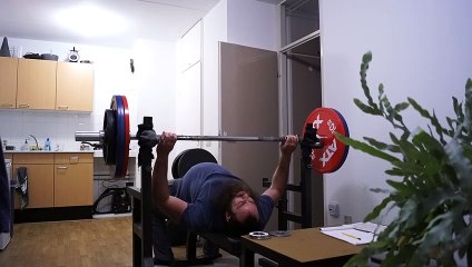 125 KG bench press with 3 pushes downstairs and 2 lockouts
