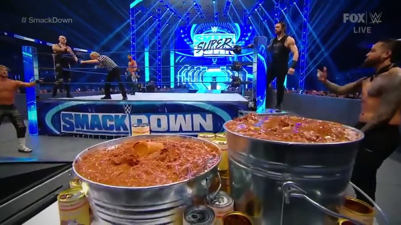 Dog food fight Roman Reigns and Usos VS king corbin, Dolph ziggler and robert rode