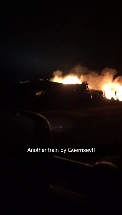 Train Derailment Fire Blazes in the Night