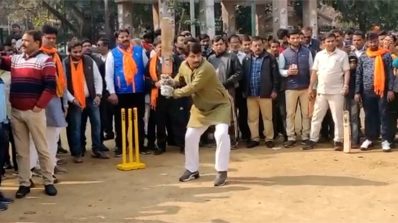 Delhi BJP chief Manoj Tiwari plays cricket ahead of Assembly polls on Saturday