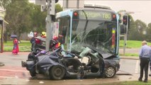 Five people injured in car and bus crash in Liverpool, SYDNEY
