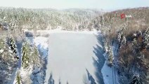 Çamlıpınar göleti buz tuttu kartpostallık manzara havadan görüntülendi