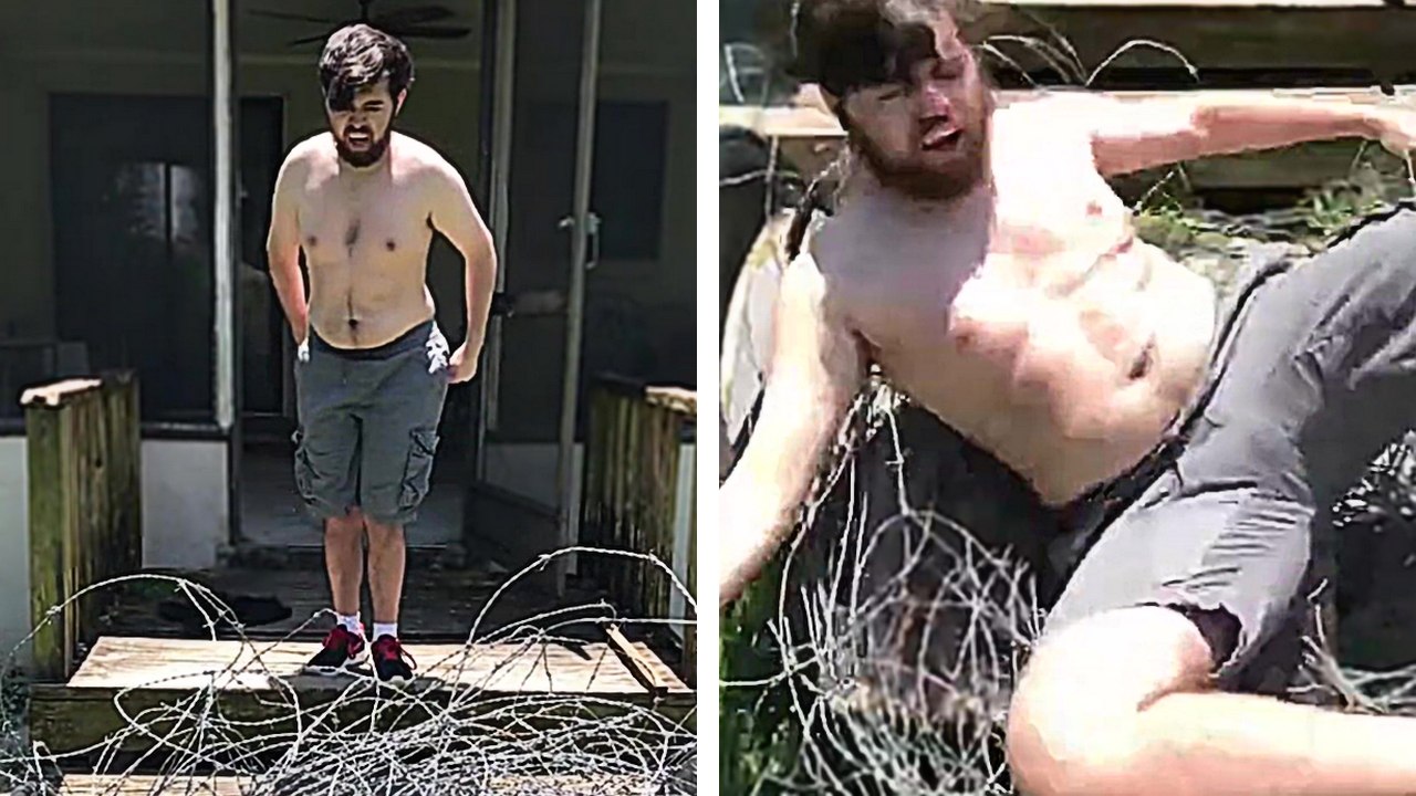 Il reproduit des prises de catch cultes sur du barbelés et des micro-ondes