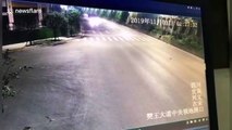 Truck narrowly avoids being buried by collapsed mountain in landslide in China