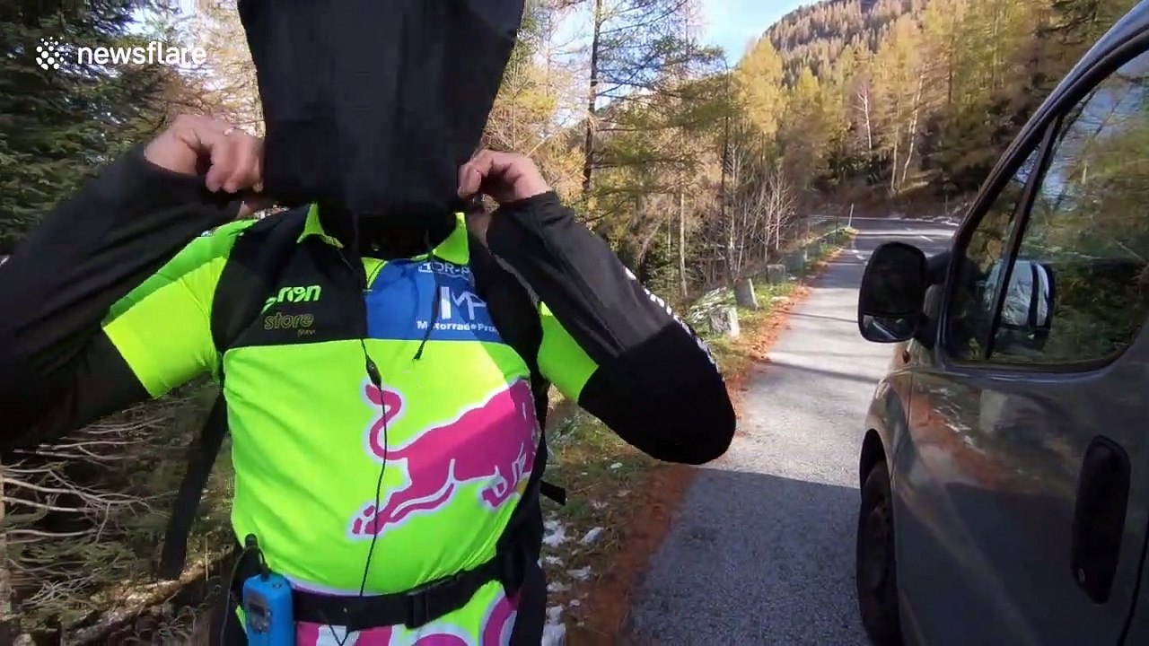 Vespa rider attempts crazy record for blindfolded ride up Austrian mountain road