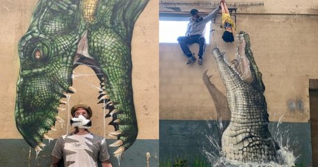 Ce street artiste se met en scène dans ses œuvres et l'illusion est tellement réaliste qu'on a du mal à y croire