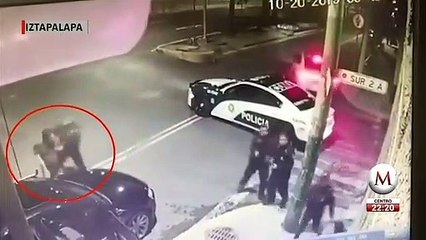 4 patrullas acorralan a un sujeto y su hijo para darles una golpiza