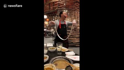 Embarrassing dad tries noodle stretching In California