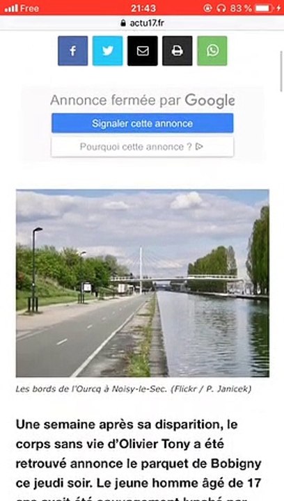 Le corps du jeune homme de 17 ans dont le lynchage a été diffusé sur internet à été retrouvé hier sur les berges du canal de l'Ourcq à Noisy-le-Sec