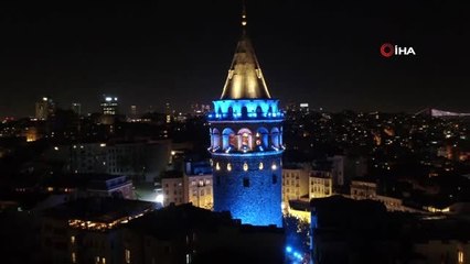 Çocuklar için maviye bürünen Galata ve Beyazıt kulesi havadan görüntülendi