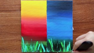 Satisfying Half Color Landscape Acrylic Painting on Canvas Step by Step #206