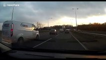 White van driver purposefully rams car on UK motorway in shocking road rage