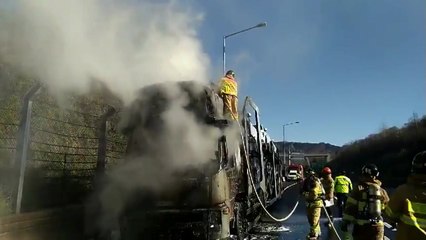 차량 운송 트레일러 화재...신차 3대 피해 / YTN