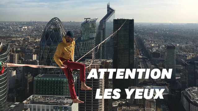 Ce funambule a relié deux tours de la Défense 150 mètres au dessus du vide pour le Téléthon