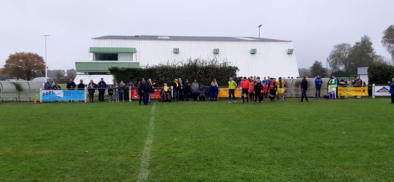 Les U7-U9 de St Georges sur Loire accompagnent les seniors sur le terrain lors de la 1ère journée téléthon.