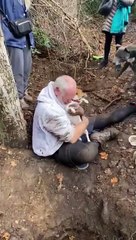 Homem chora após salvar a sua cadela presa na toca de uma raposa