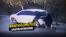 ชนแล้วหนีก็ไม่น่ารอด.. ประทับใบหน้าอยู่บนกระจกหลังรถเขาซะขนาดนี้