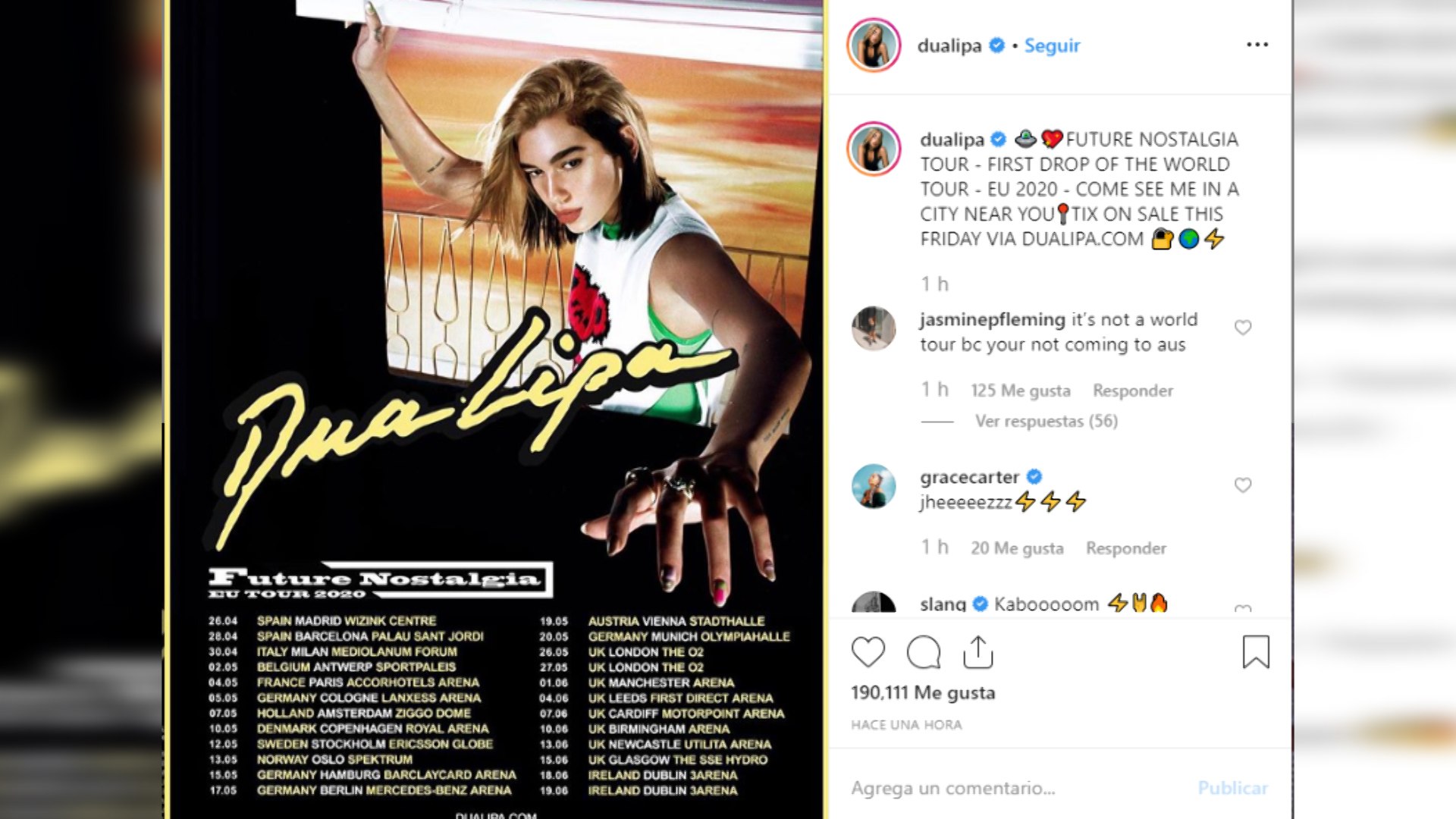 Dua Lipa anuncia conciertos en Madrid y Barcelona