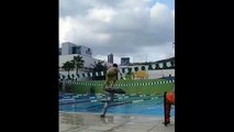 Kid Tries To Get On Diving Board But Doesn't Make It Up