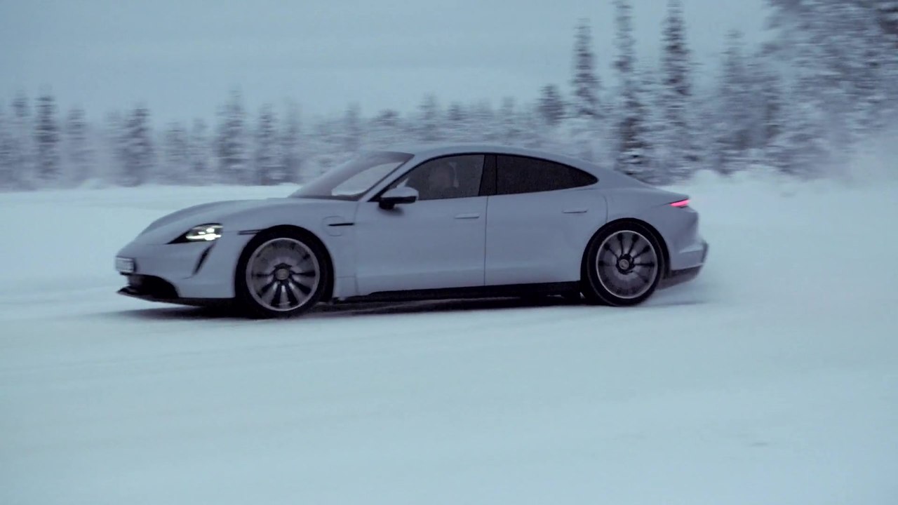 The new Porsche Taycan 4S in Dolomite Silver Ice Driving