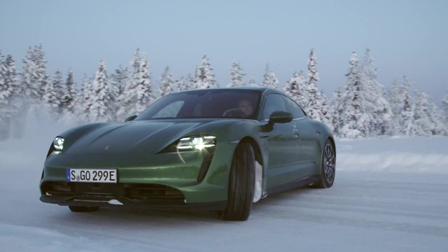 Porsche Taycan 4S in Mamba Green Ice Driving