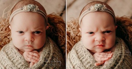 Ce bébé n'apprécie pas, mais alors pas du tout, son shooting de naissance et c'est à mourir de rire