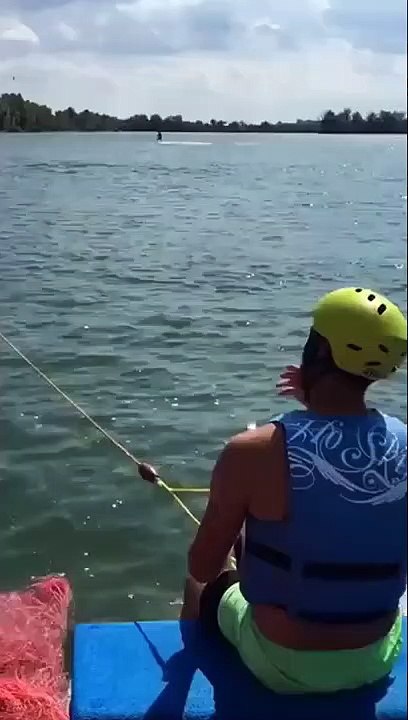 Guy Falls Into Water When Wake Surfing
