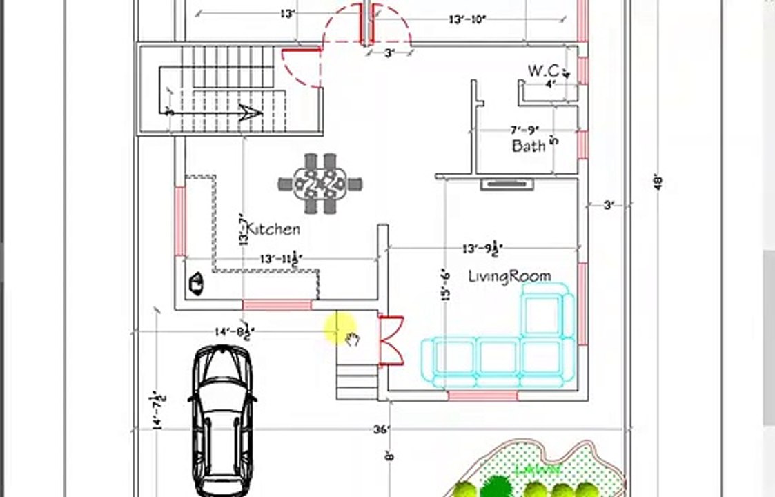 2 bed room house plan in 36x48 ft plot size