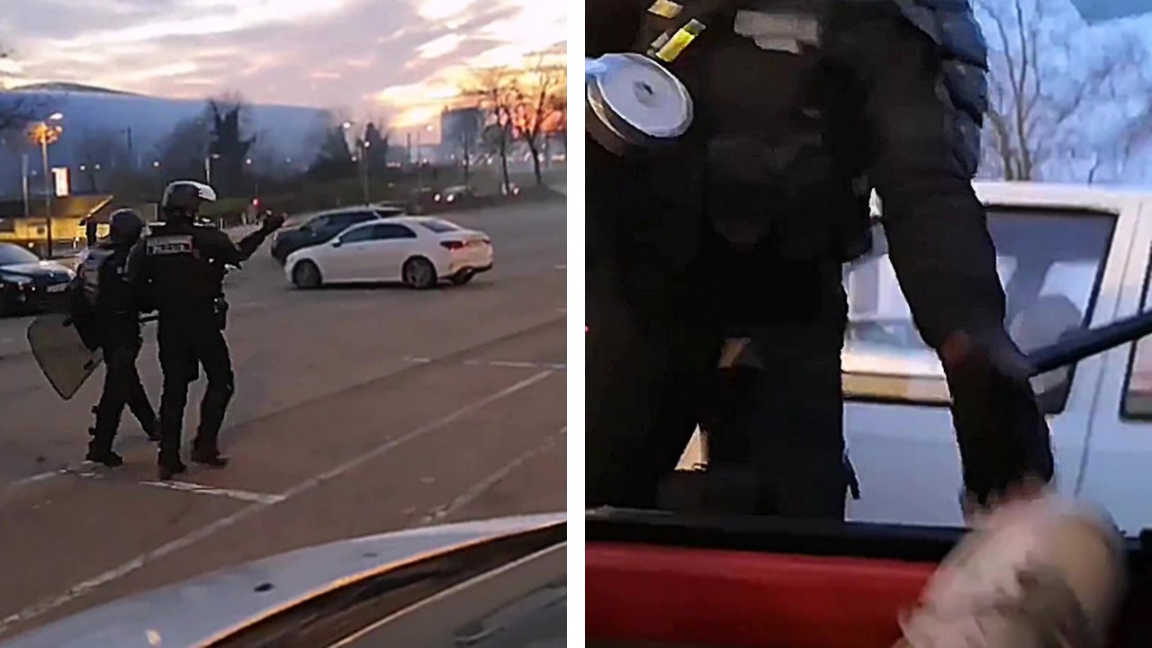 Des CRS explosent la vitre d'une voiture pour arrêter des manifestants