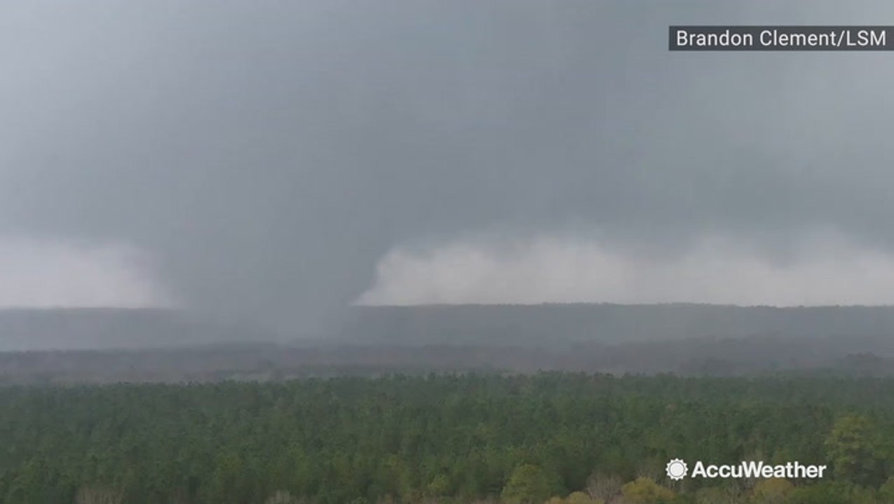Drone video shows stovepipe tornado roaring over trees