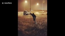 Man vs wind! Brave South African man blown back by strong gales in Iceland storm