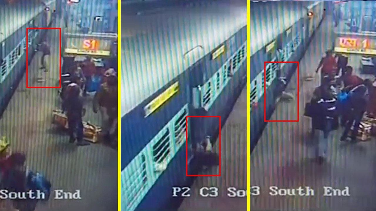 VIDEO: चलती ट्रेन में चढ़ रहे यात्री का फिसला पैर, देखिए RPF जवान ने कैसे बचाया