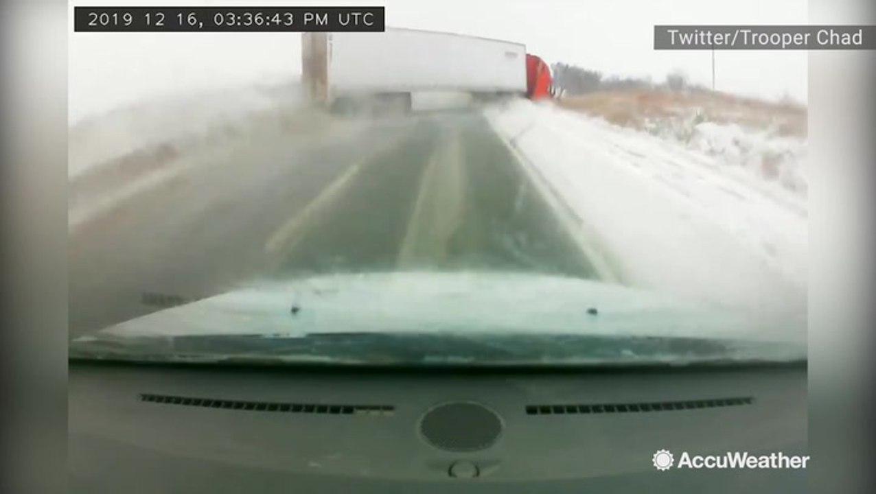 Scary scene as truck slides out of control off highway