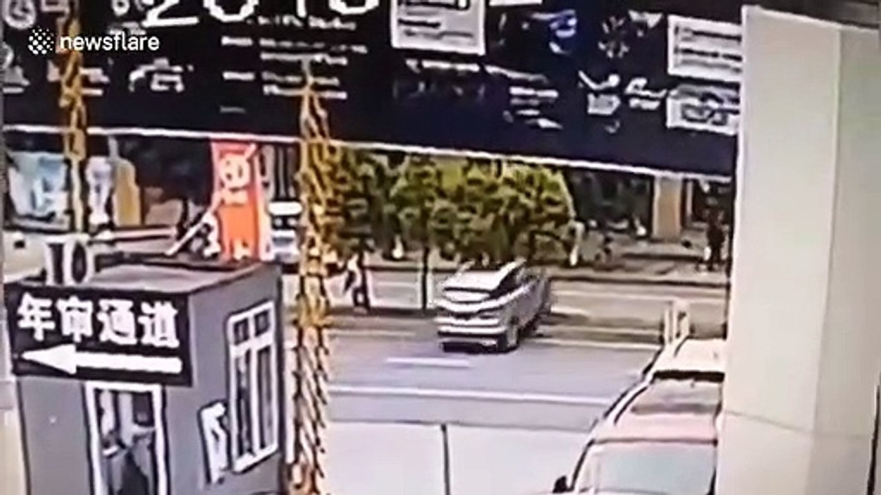 Car powers over tree after rookie driver accidentally presses accelerator in south China
