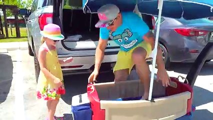 Nastya and dad play on the farm