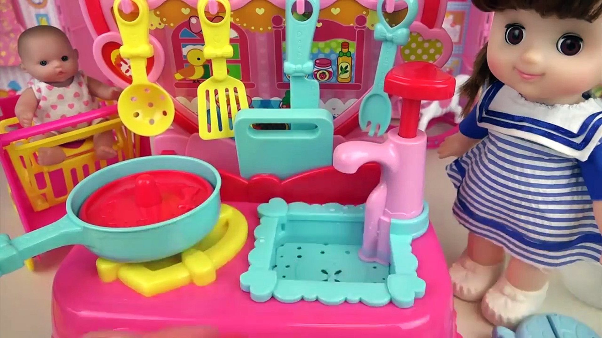 Kitchen and food cooking toys and baby doll play