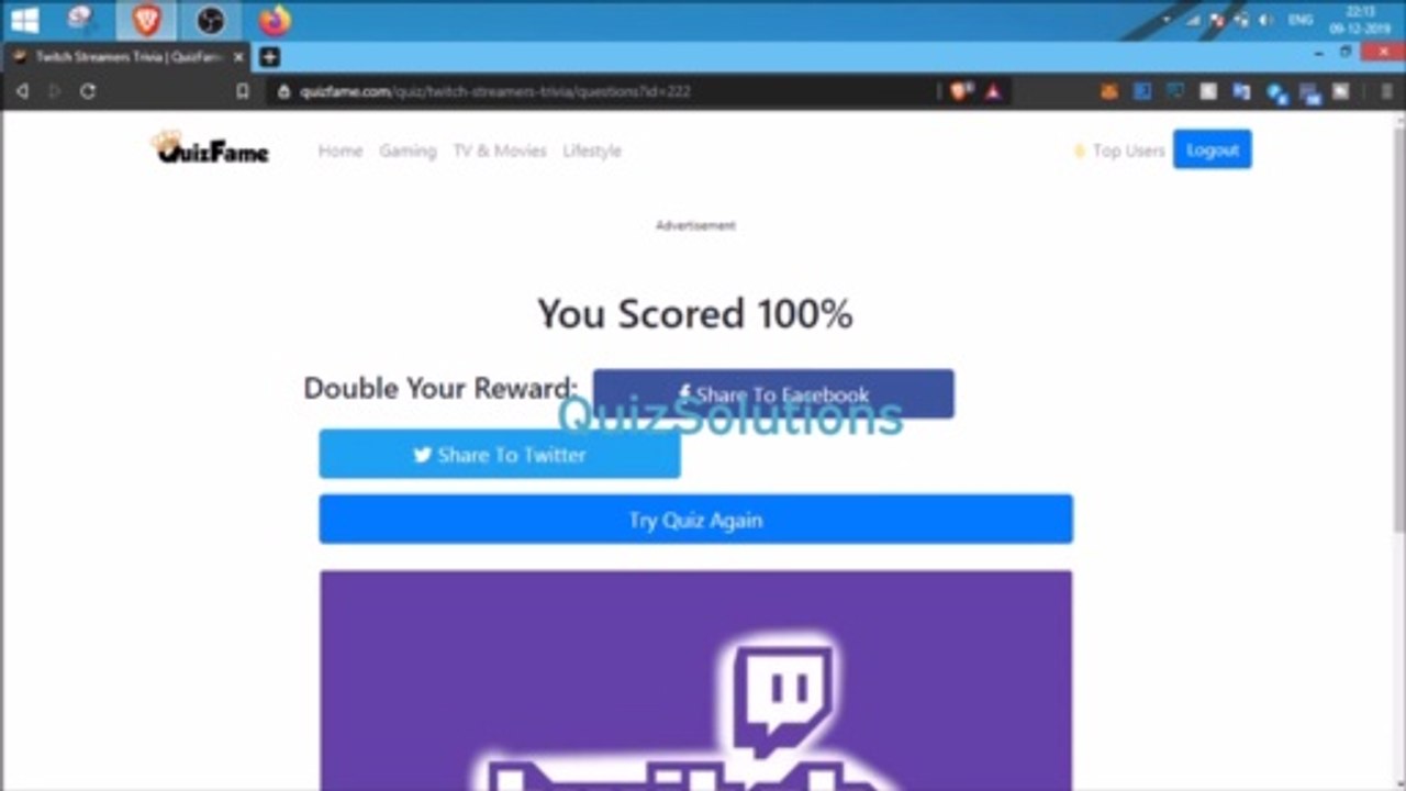 QuizFame Twitch Streamers Trivia Answers 20 Questions Score 100% Video QuizSolutions