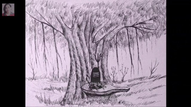 Lord Shiva under the tree painting by pen sketch.Village scenery painting by pen sketch.