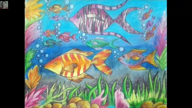 Deep sea fishes painting by pencils colours. Under the sea painting by pencils colours.