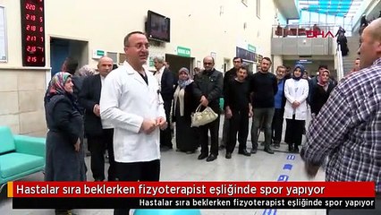 Hastalar sıra beklerken fizyoterapist eşliğinde spor yapıyor
