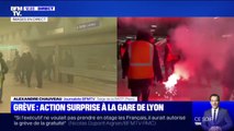 Action surprise des grévistes à la gare de Lyon à Paris, près du siège de la RATP