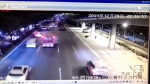 Tire smashes through car windscreen after falling off truck in China