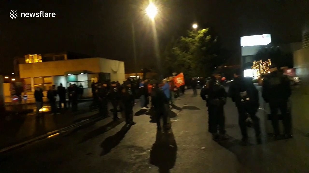 Strikers blockade bus depot in Paris suburb of Vitry-sur-Seine