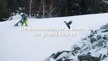 Un oiseau géant agressif attaque un snowboardeur