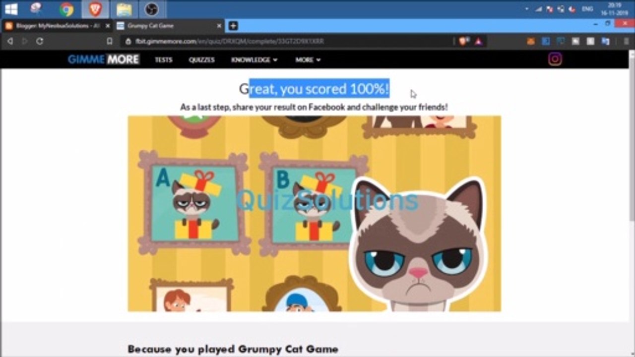 GimmeMore Grumpy Cat Game Answers 10 Questions Score 100% Video QuizSolutions