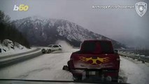 Watch As An Out Of Control Vehicle On An Icy Road Nearly Hits A Man In Alaska!