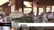 Giant rice cakes offered to shrine in Japanese tradition