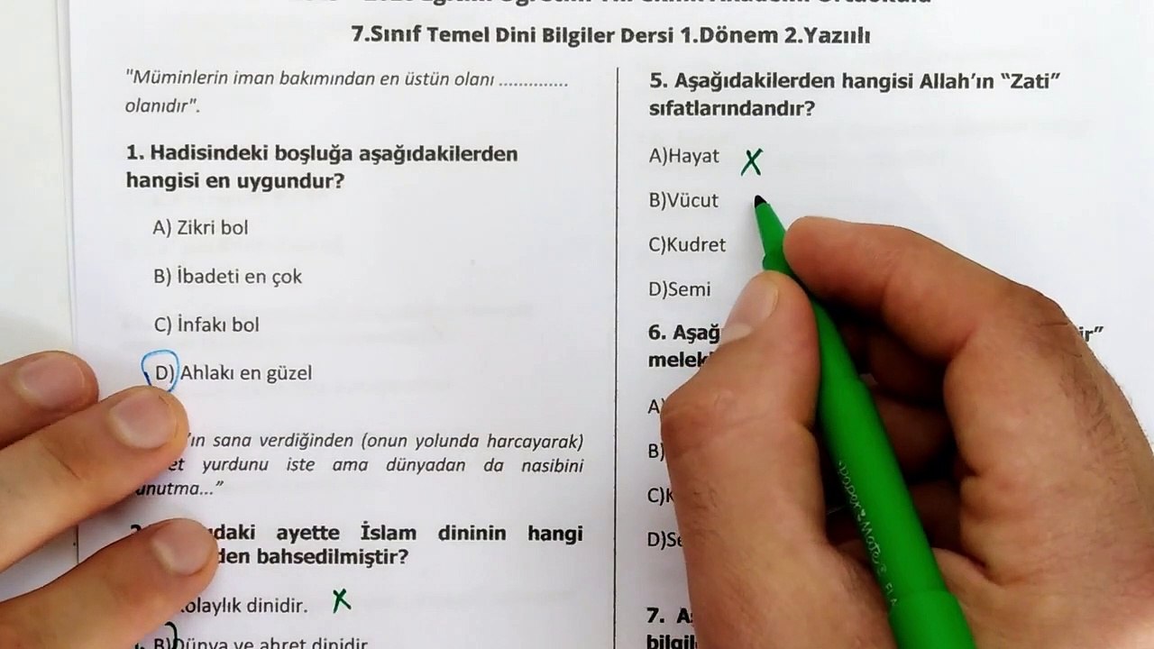 7.Sınıf TEMEL DİNİ BİLGİLER 1.Dönem 2.Yazılı Soruları ve Cevapları