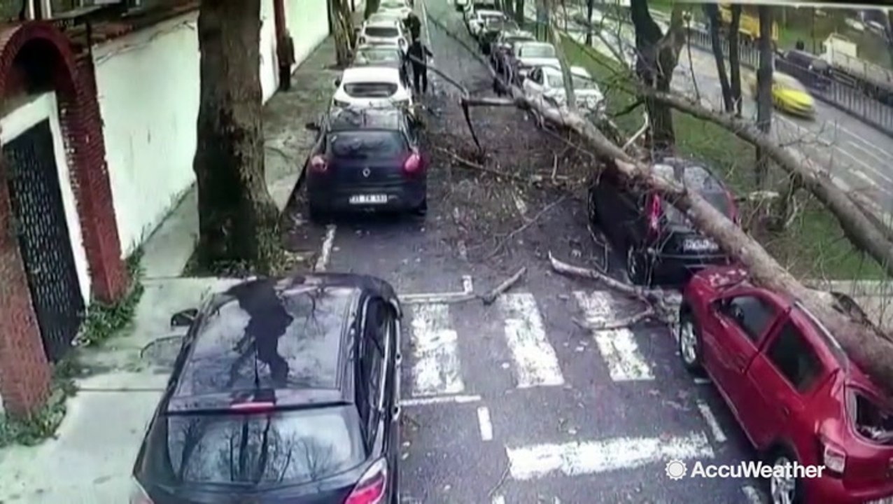 Frightening near-miss captured on camera as pedestrians stroll down street